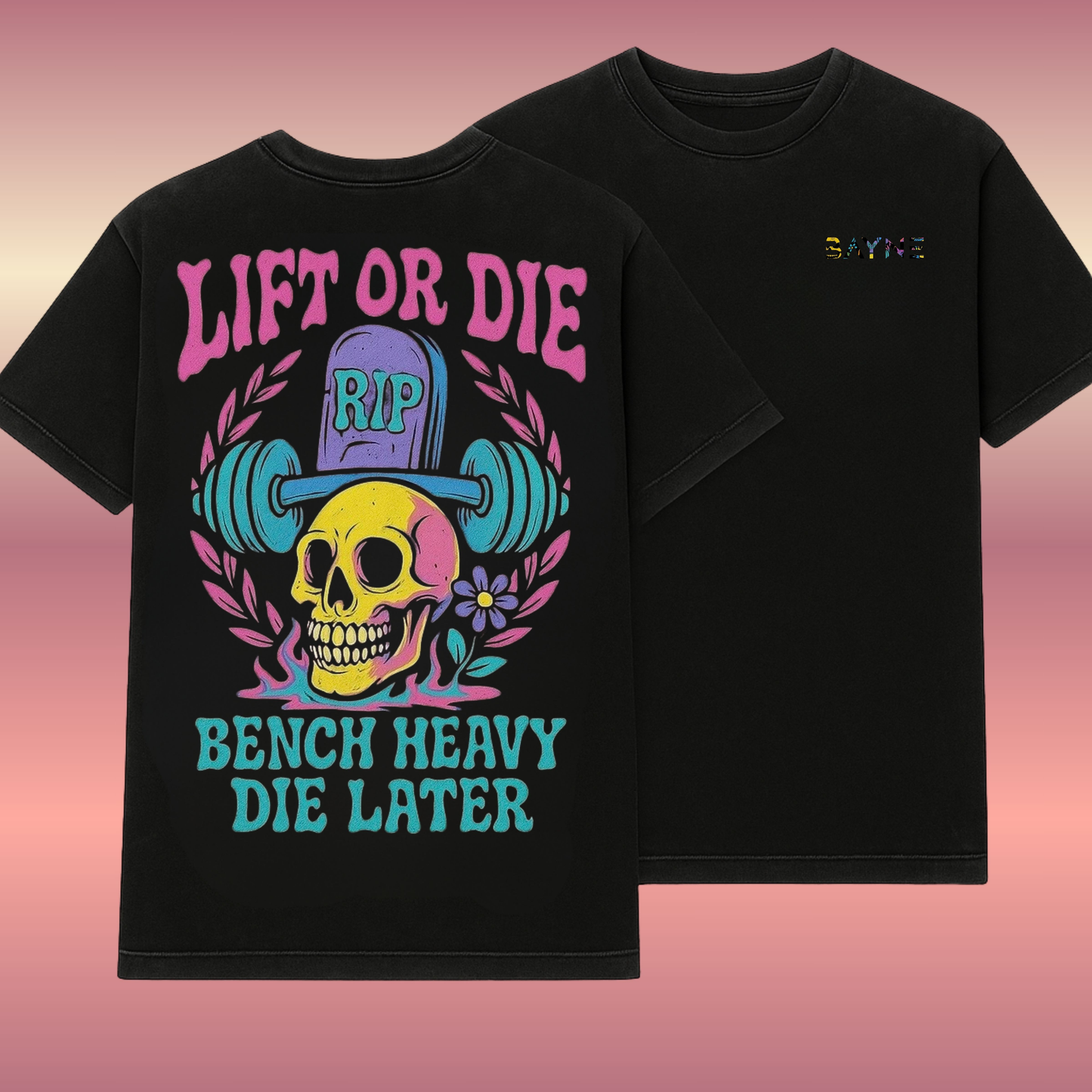 Lift or Die - Bench Heavy Die Later - Electric Reaper – Acid-Washed Oversized Tee
