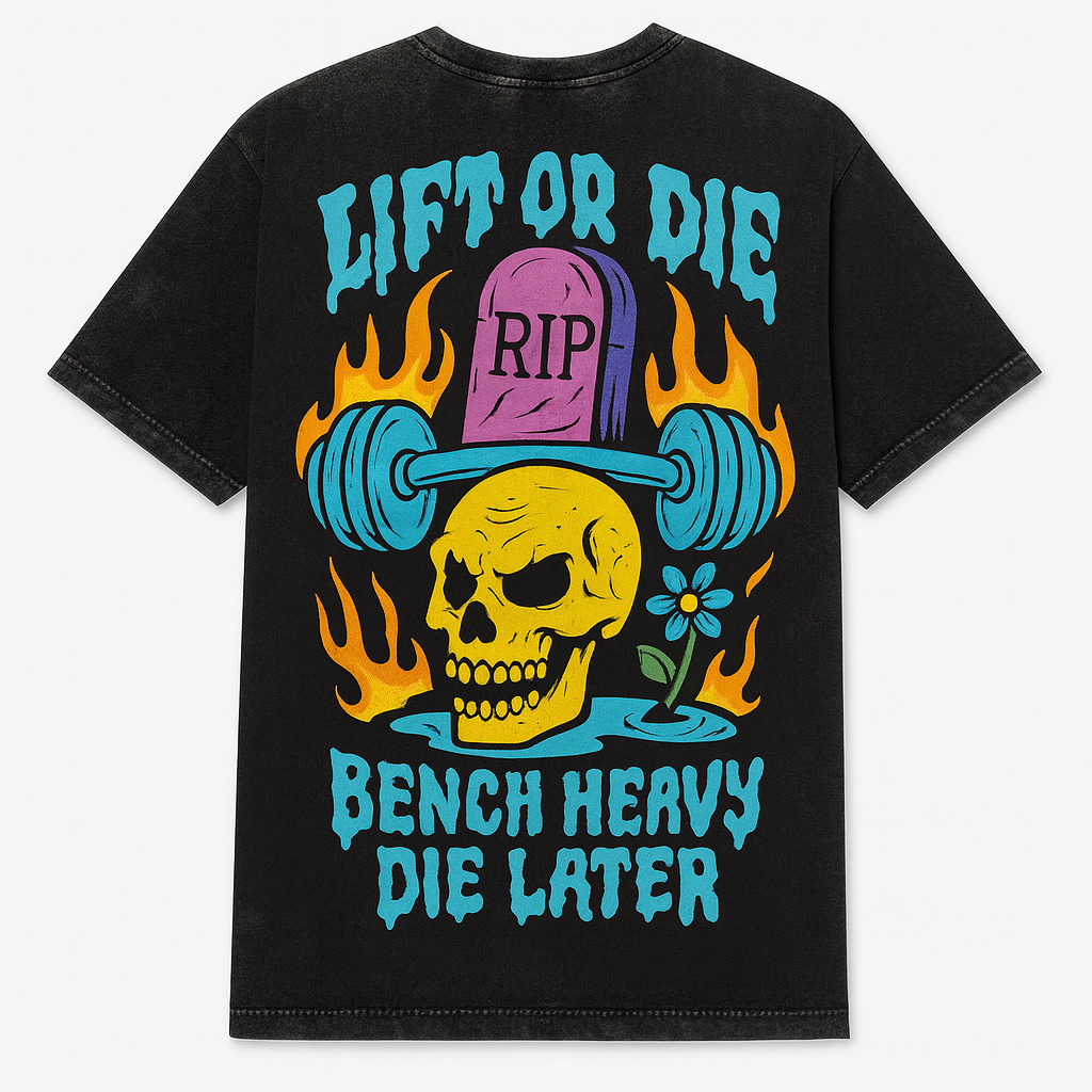 Lift or Die - Bench Heavy Die Later - Blue Inferno – Acid-Washed Oversized Tee