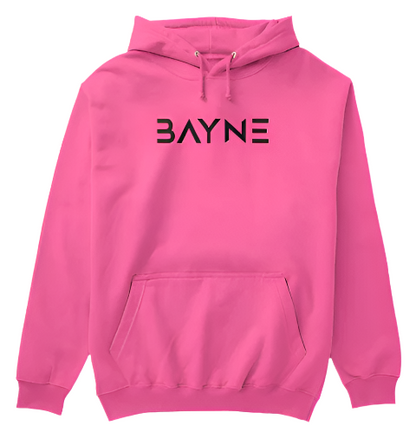 Pink hoodie with 'BAYNE' logo on a white background