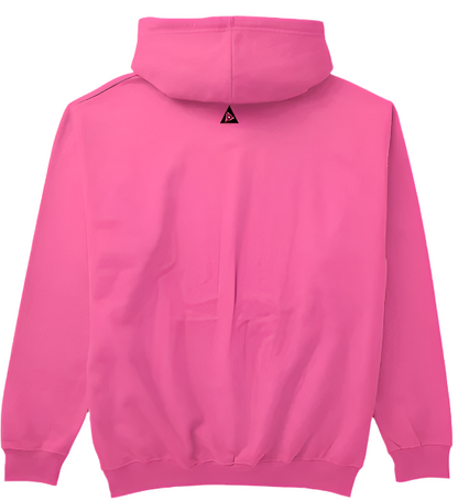 Pink hoodie with a brand logo on the back against a light gray background